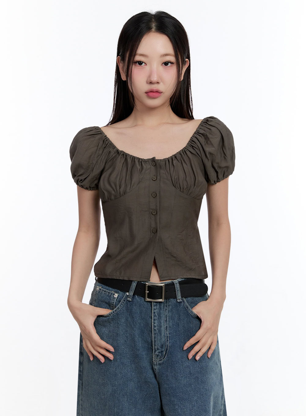 Off-Shoulder Puff-Sleeve Crop Top IU509