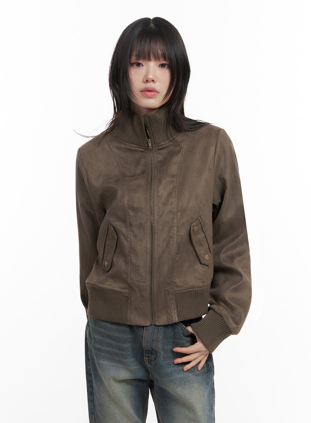 Zip-Up Suede Bomber Jacket ID402