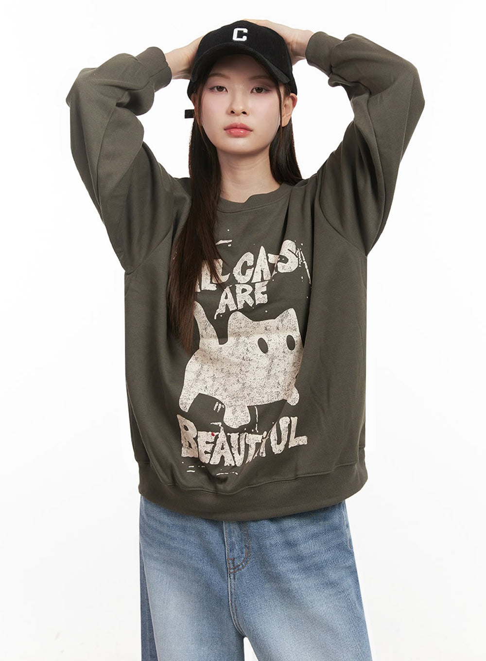 Oversized Cat Graphic Crew Neck IJ527