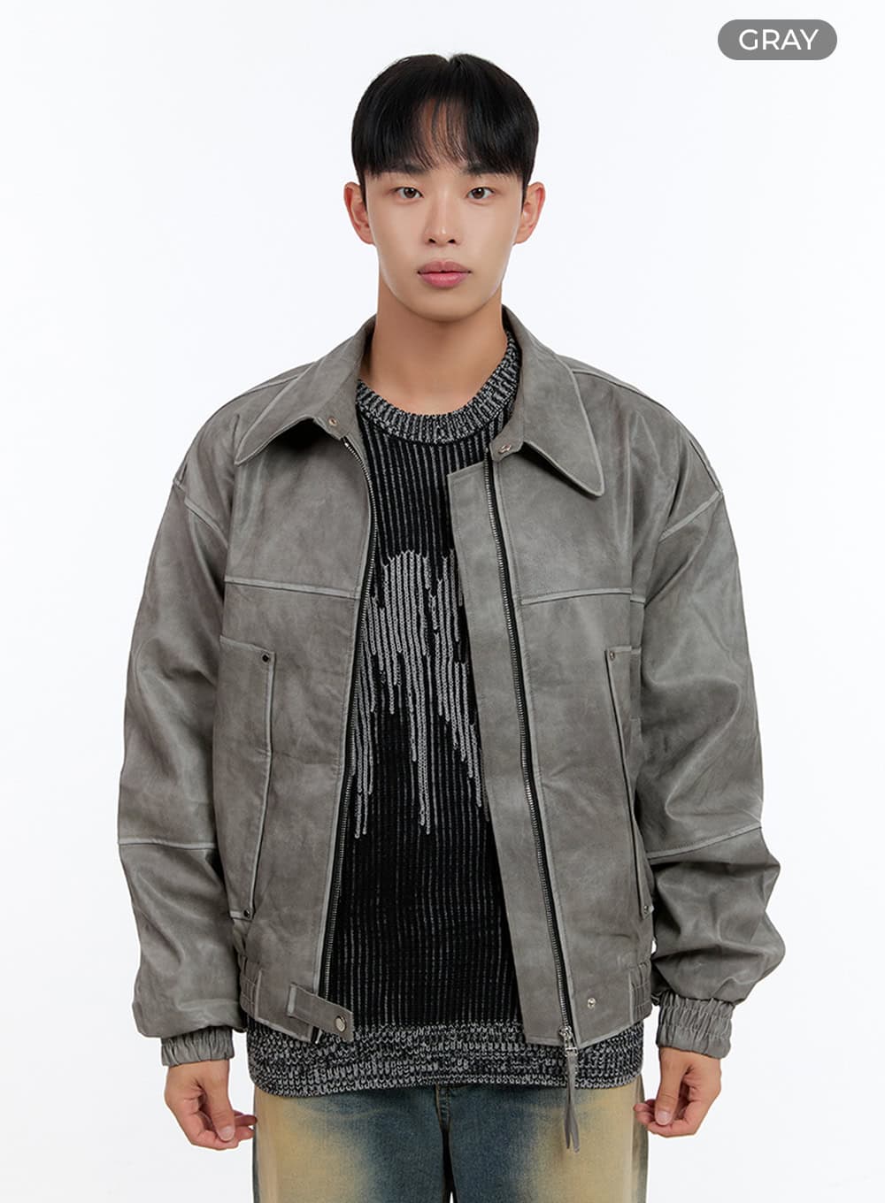 Men's Washed Vintage Zip-Up Leather Jacket IS413