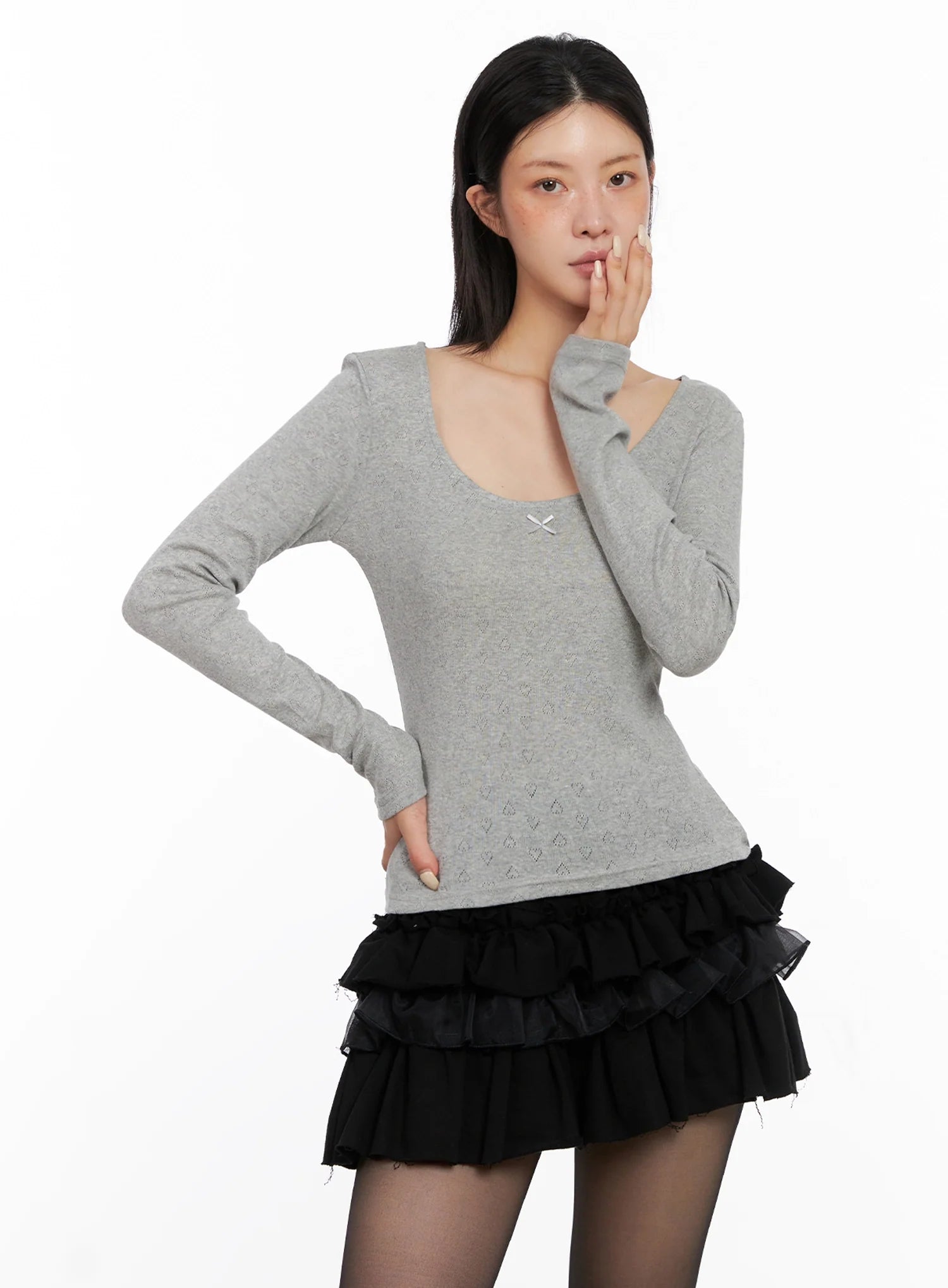 Scoop Neck Ribbed Long Sleeve Top IS508