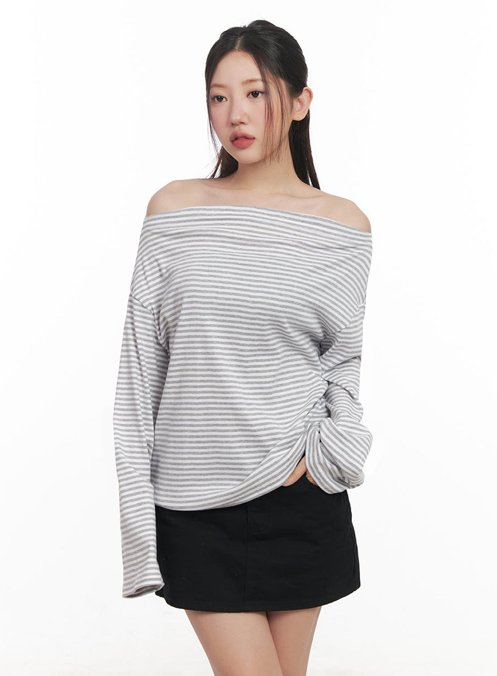 Stripe Long-Sleeve Off-Shoulder Top IM524