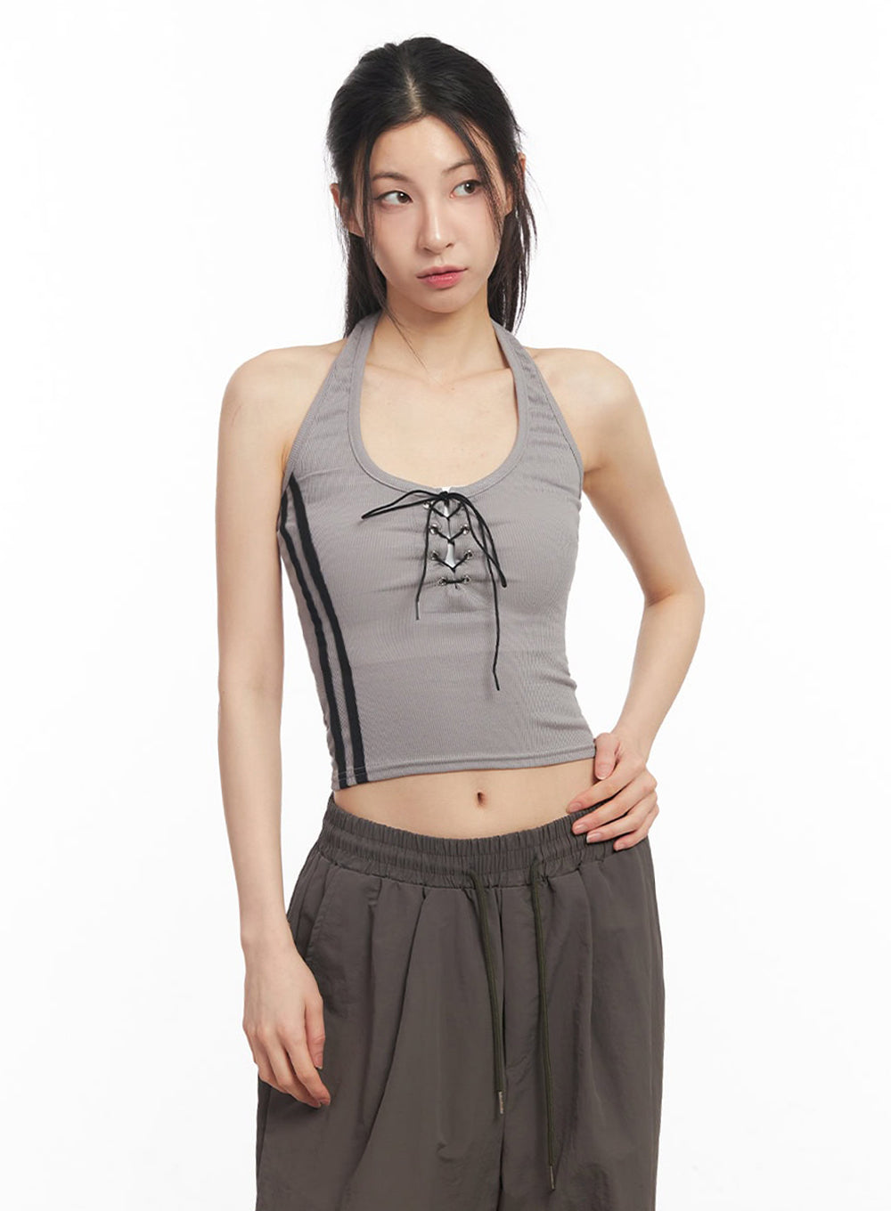 Halter Lace-Up Eyelet Crop Tank Top IY529