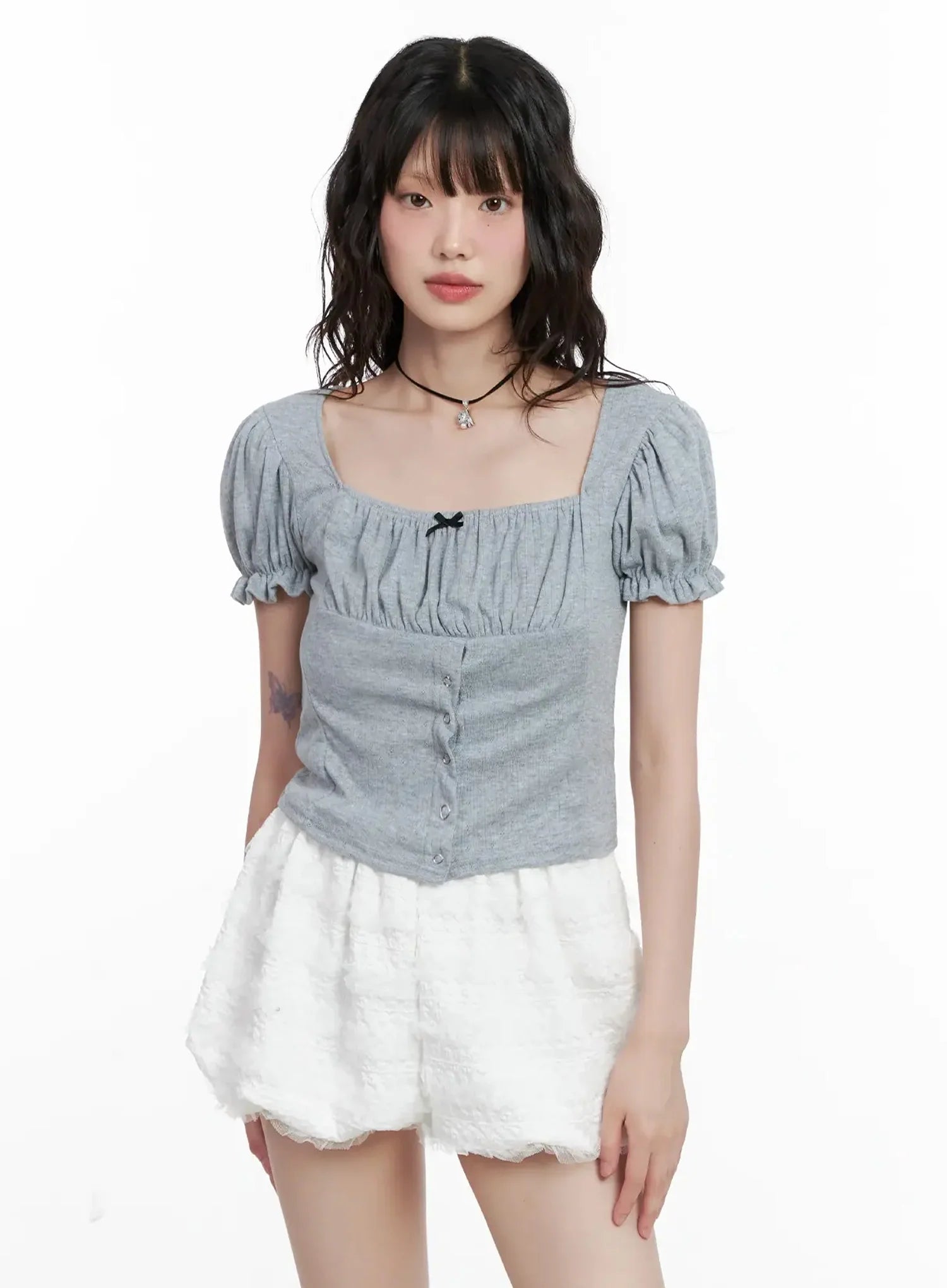 Ribbon-Detail Puff-Sleeve Top IL528