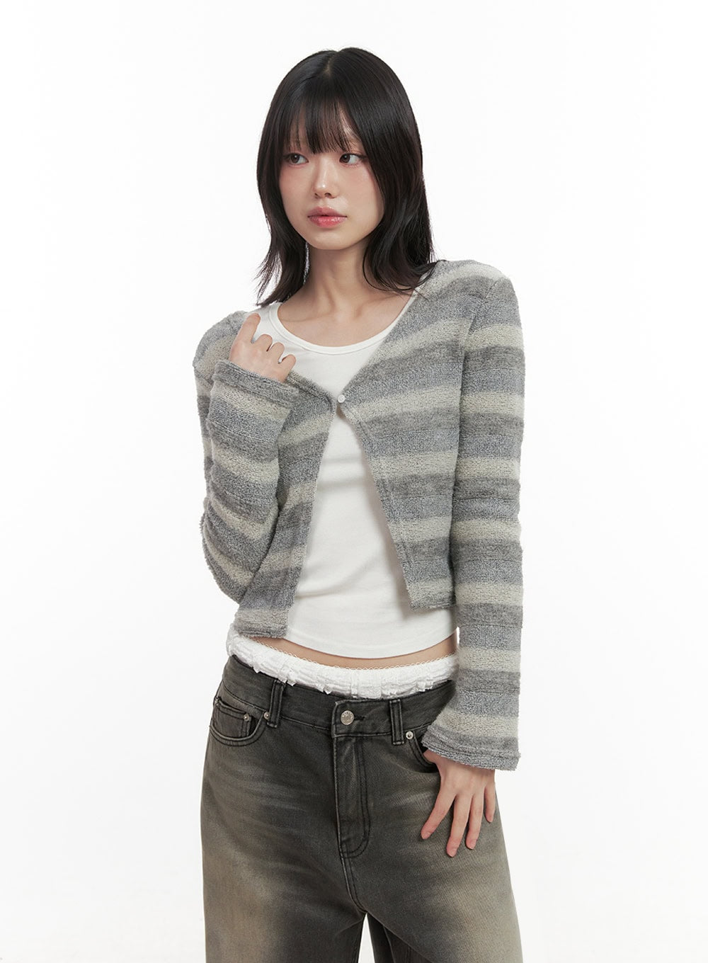 Striped Slit Cropped Cardigan ID402