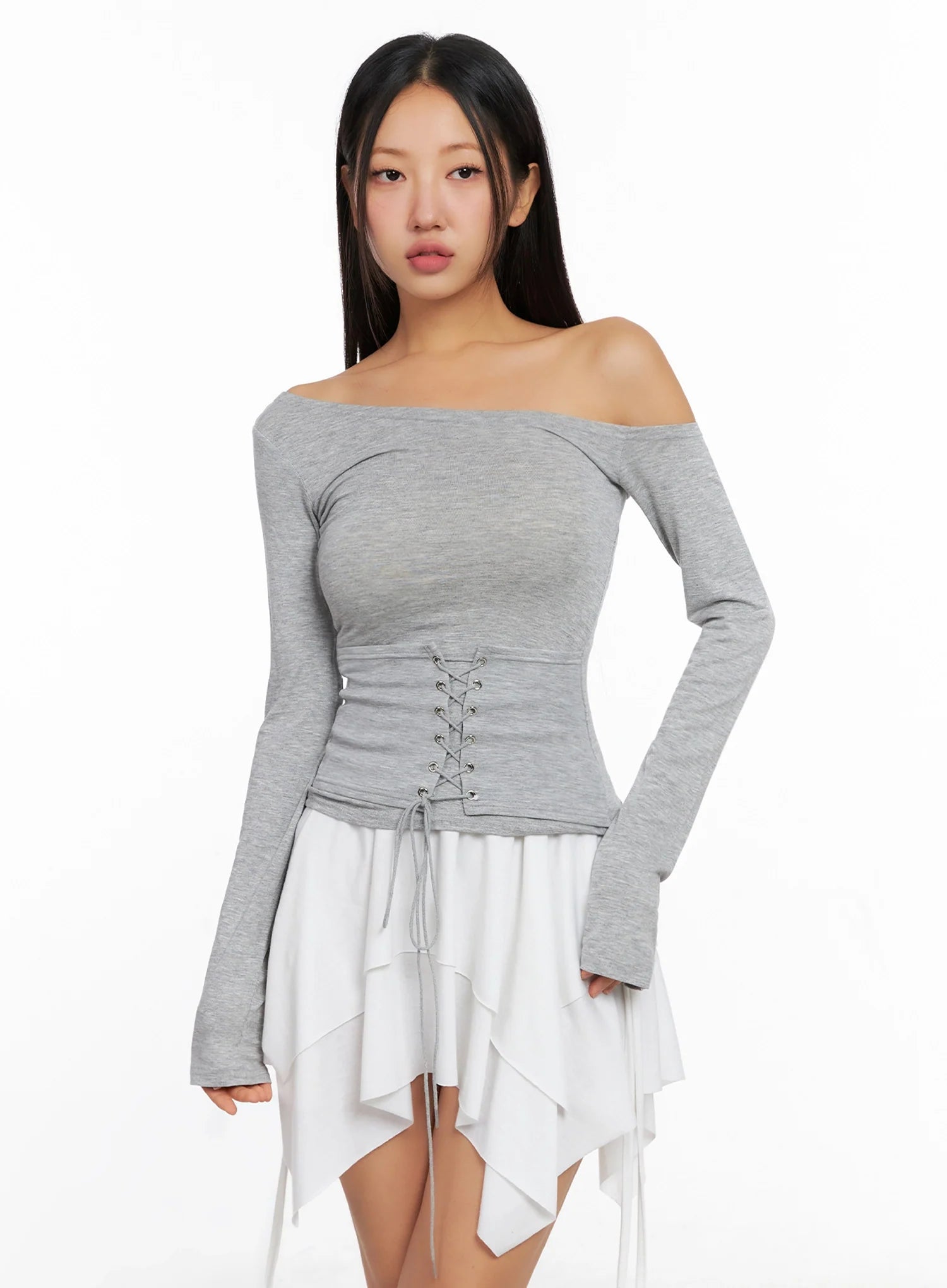 Off-Shoulder Lace-Up Corset Blouse IG528