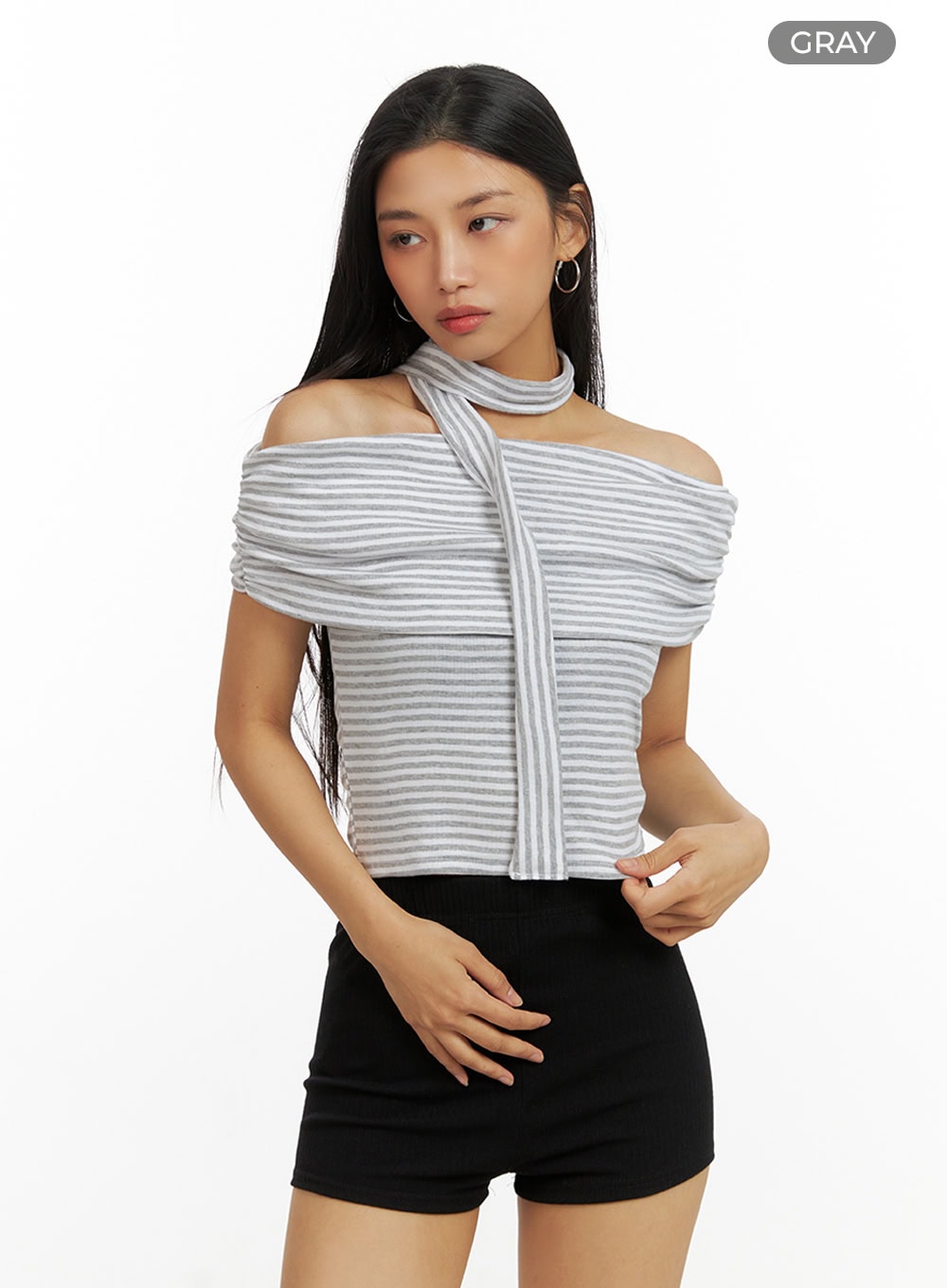Cotton Stripe Shirred Off Shoulder Crop Top with Scarf IU412