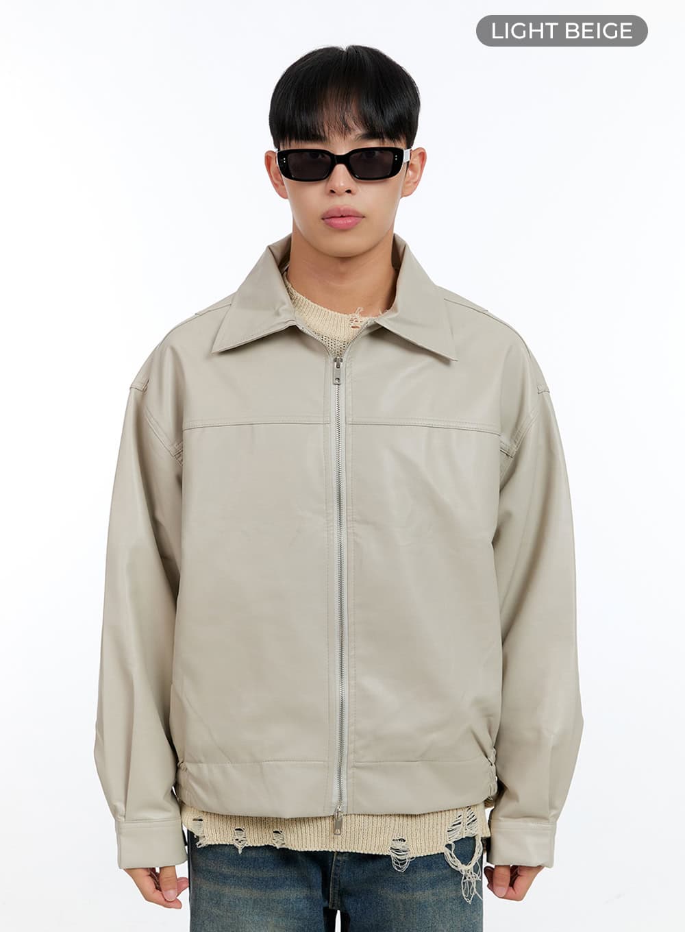 Men's Faux Leather Zip-Up Collar Jacket IG421