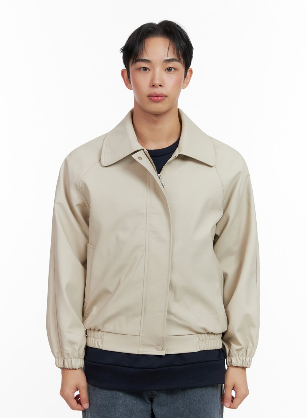 Men's Collared Faux-Leather Jacket IN426