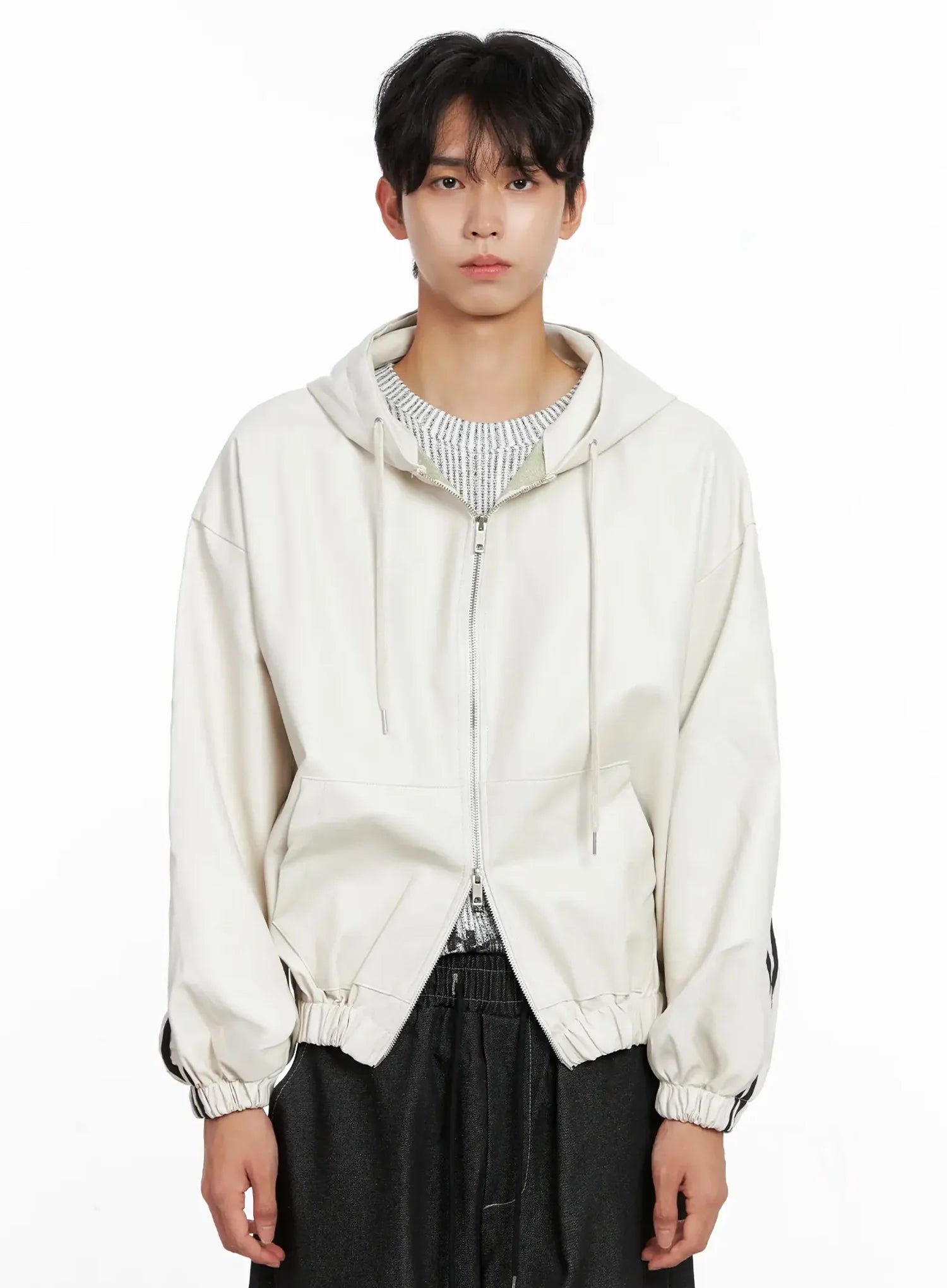 Men's Faux Leather Track Hooded Jacket IO517