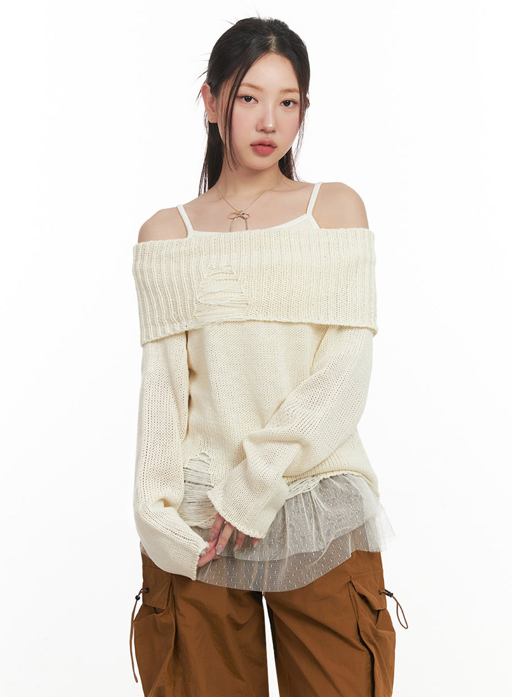 Off-Shoulder Distressed Sweater IM525