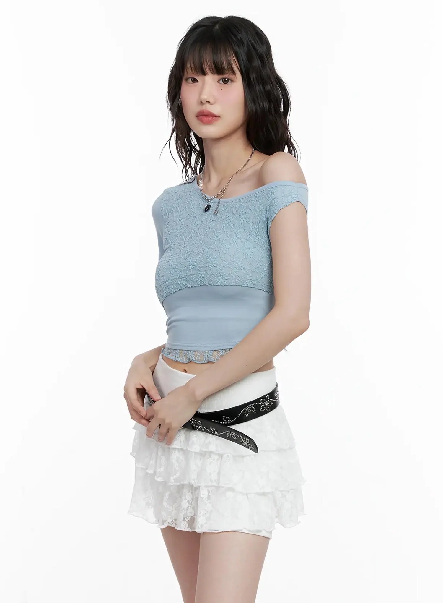 Asymmetric Off-Shoulder Lace-Trim Top IL531