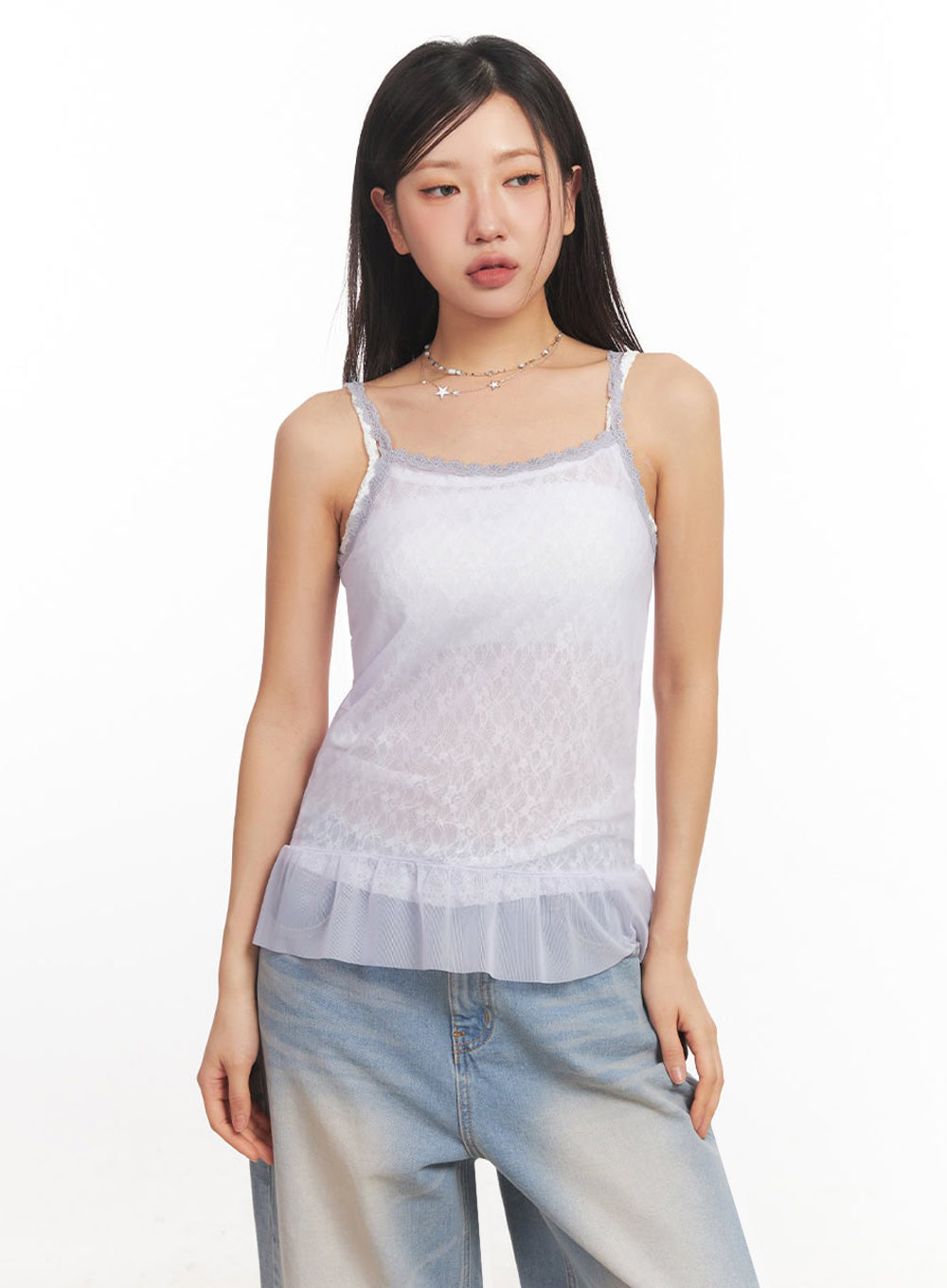 Sheer Frill-Trim Lace Cami Top IA524