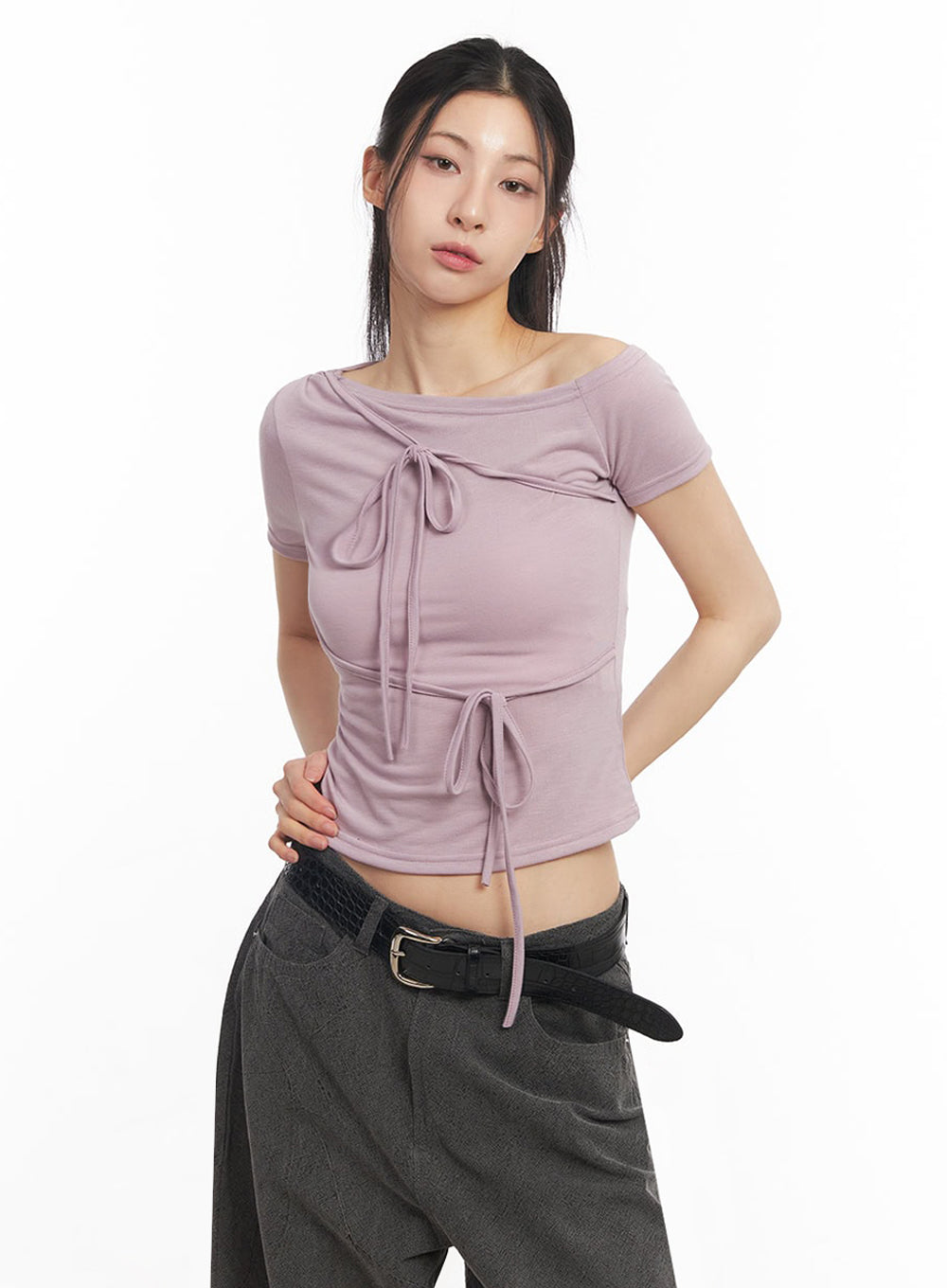 Ribbon Tie One-Shoulder Crop Top IY529
