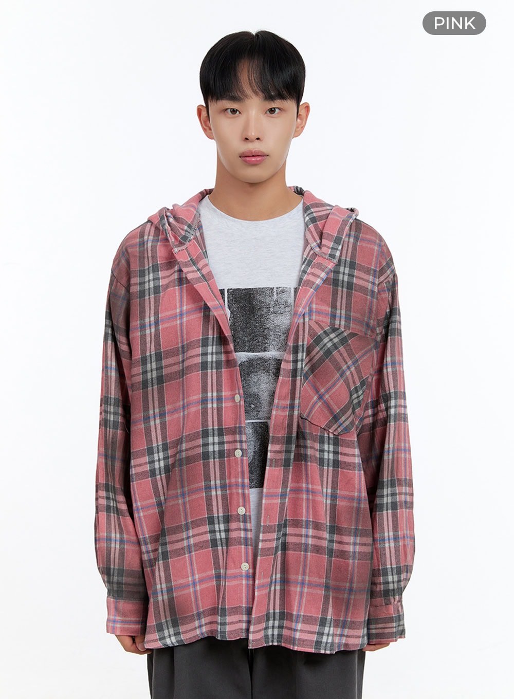 Men's Oversize Checkered Cotton Hooded Shirt IS413