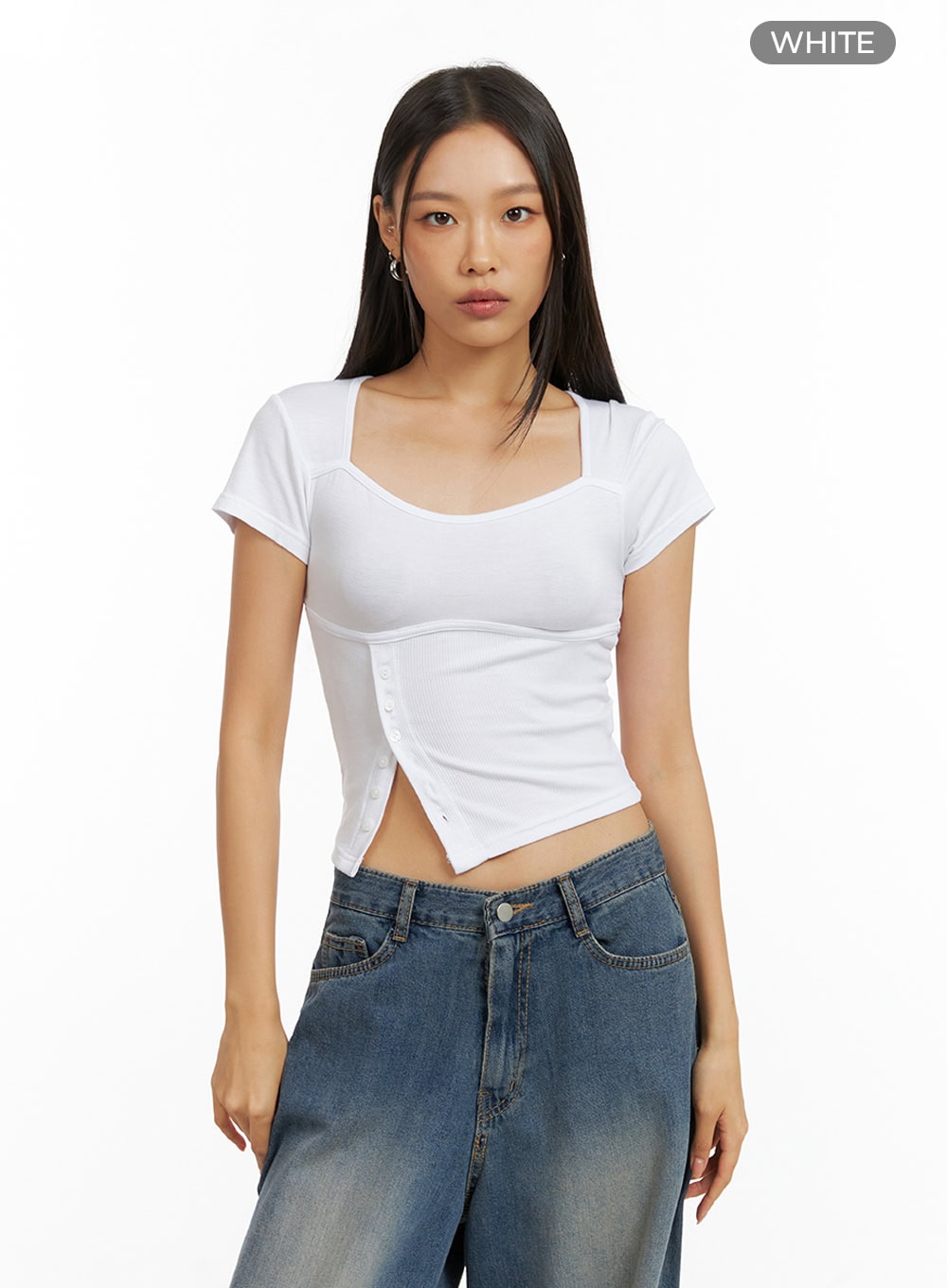 Asymmetrical Buttoned Square Neck Crop Top IG405