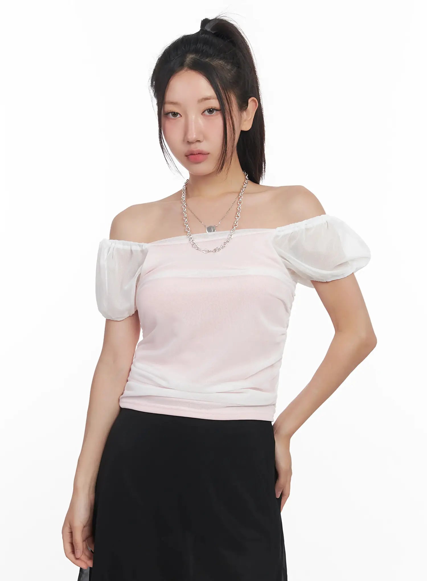 Sheer Puff-Sleeve Crop Top IU509