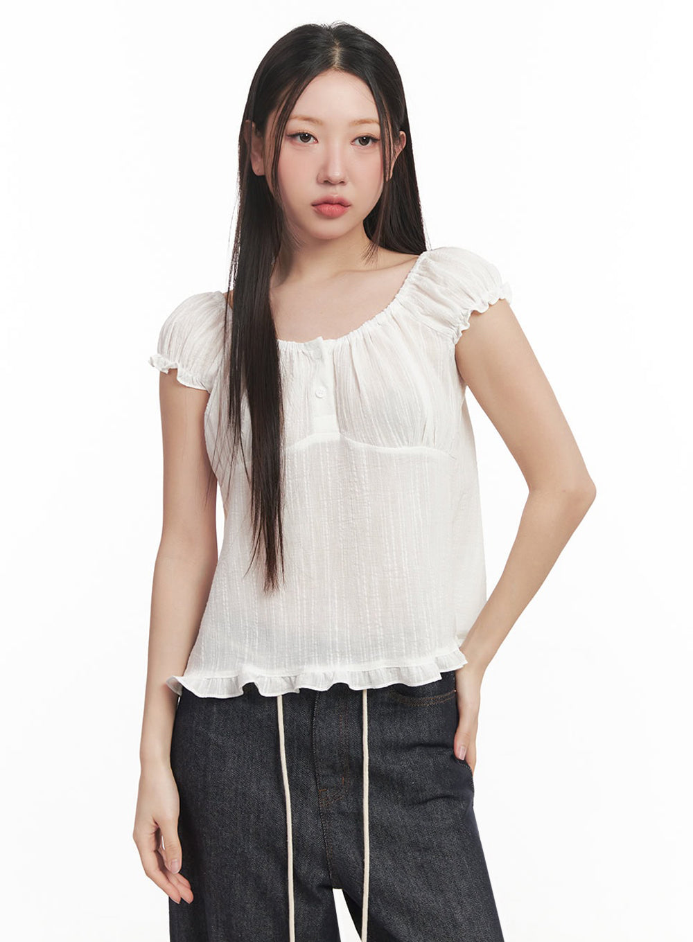Frill Buttoned Off-Shoulder Blouse Top IM528
