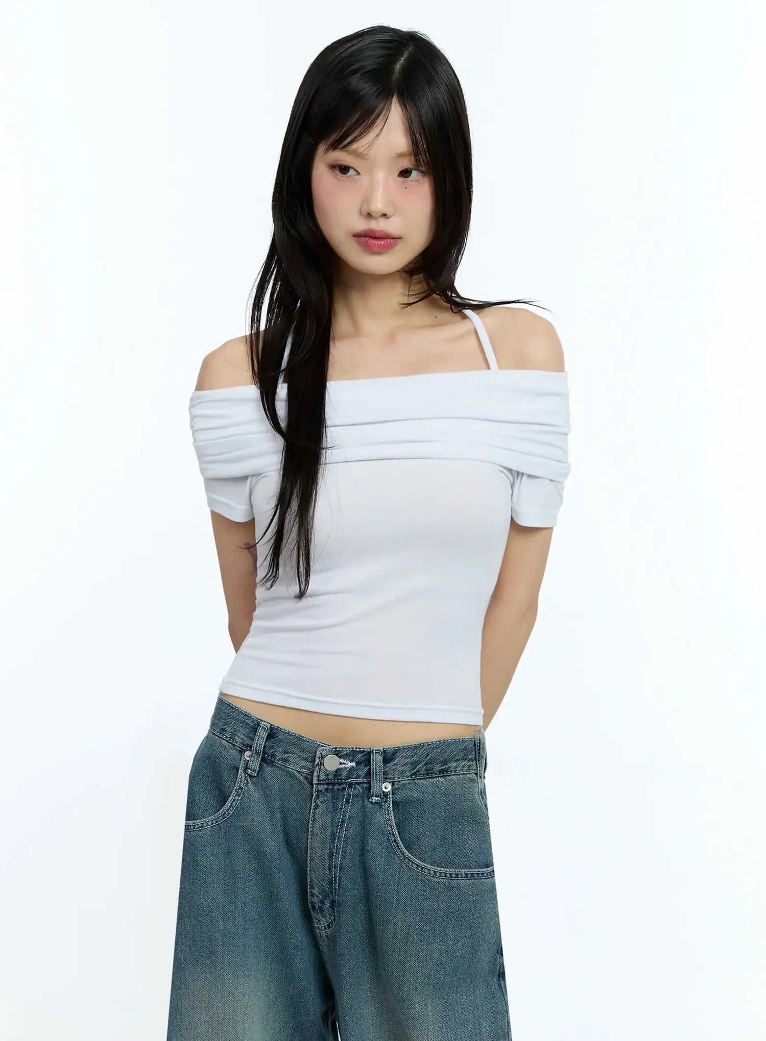 Shirred Off-Shoulder Short-Sleeve Tee IU525