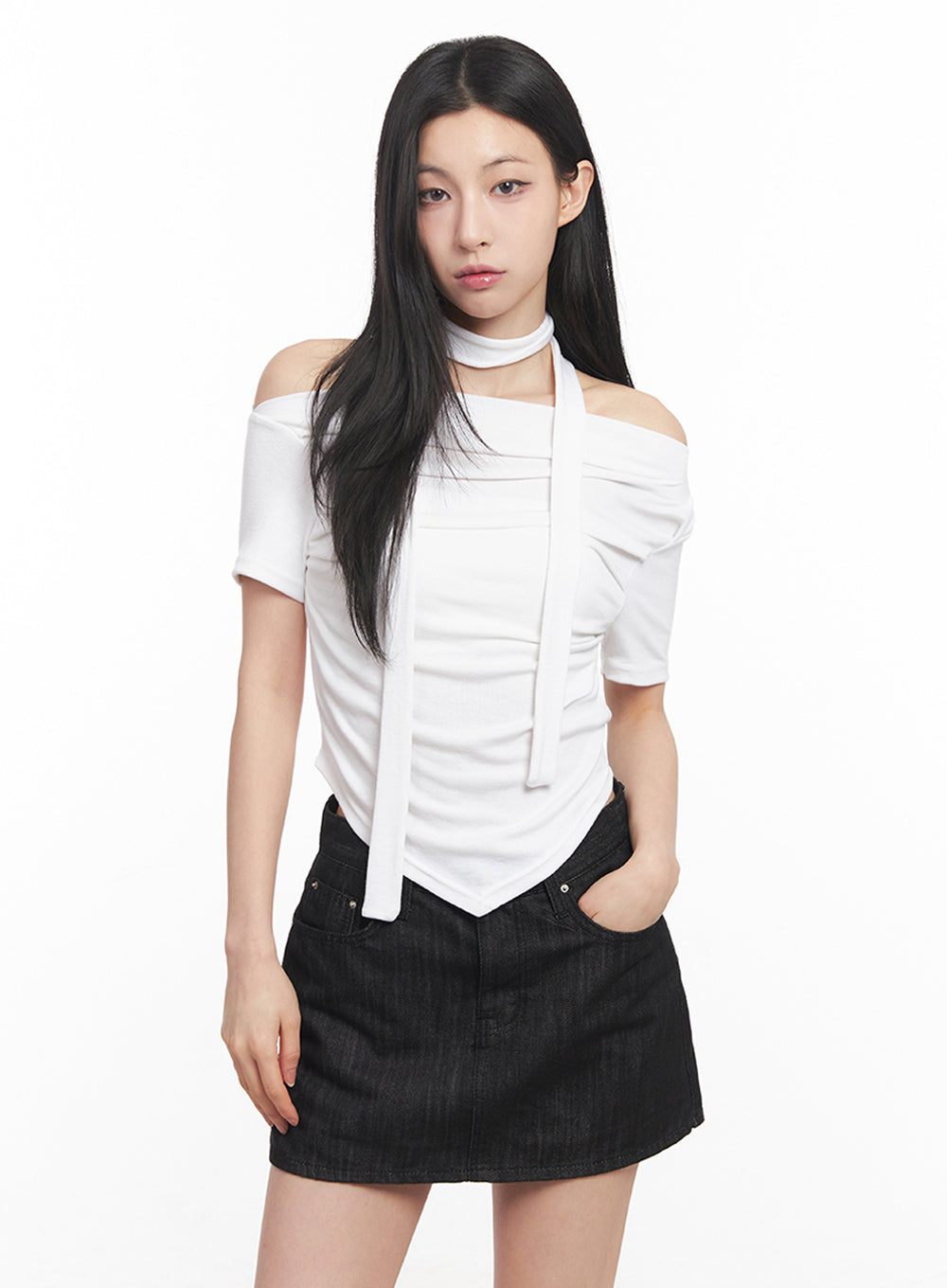 Off-Shoulder Crop Tee & Scarf Set IY516