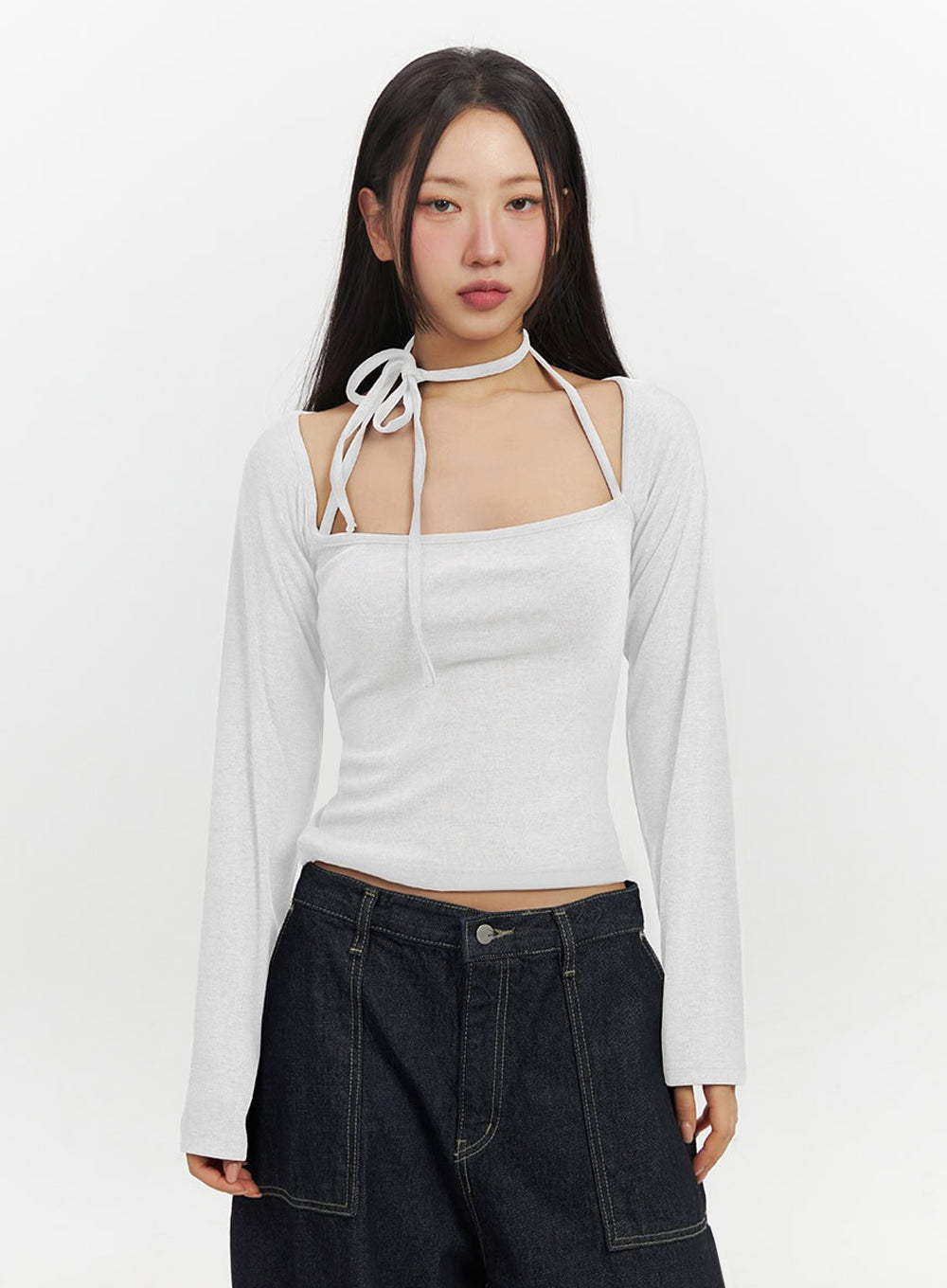 String Off-Shoulder Long-Sleeve Top IF510