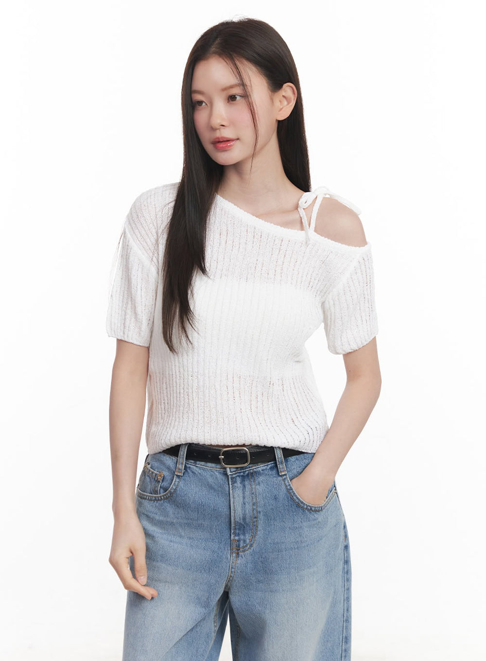 Ribbon One-Shoulder Knit Crop Top IY509
