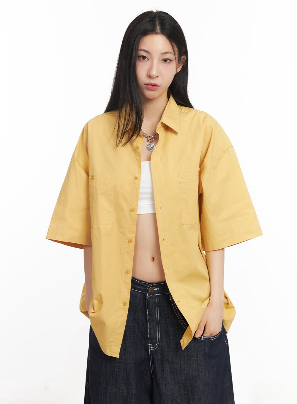 Cotton Collared Oversize Shirt IY529