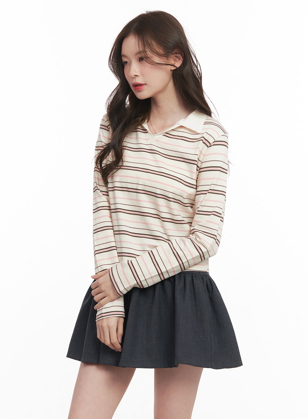 Striped Long-Sleeve Collared Top CM511