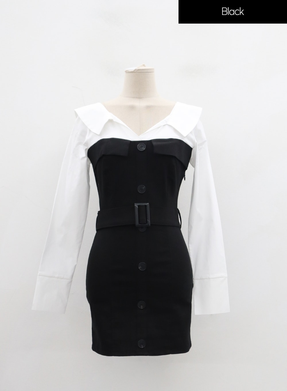 Layered V-Neck Button Belt Mini Dress ID29