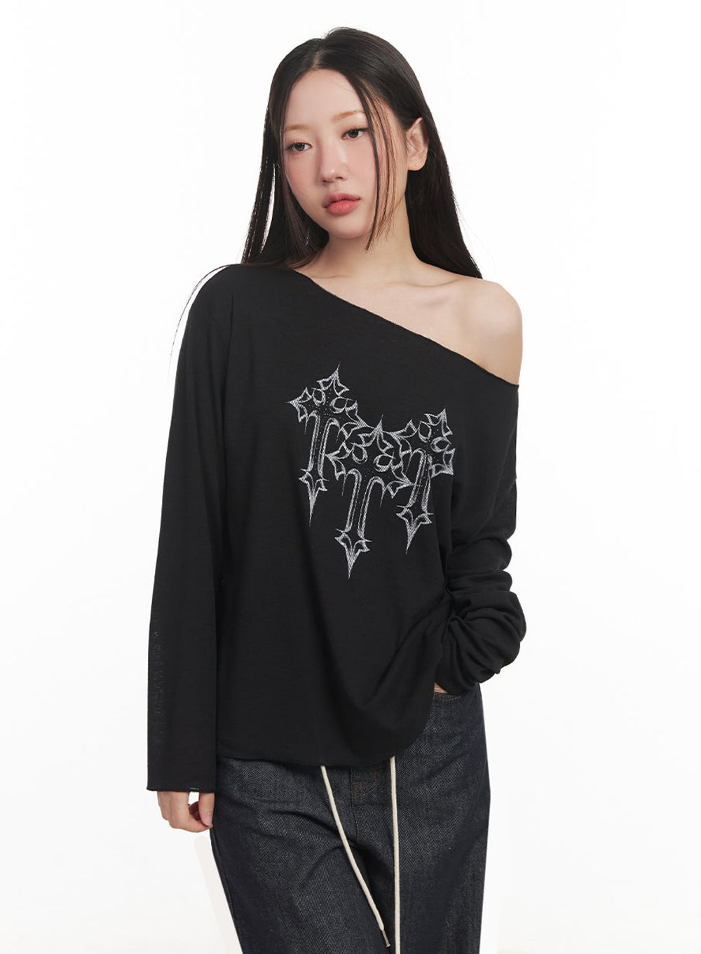 One-Shoulder Sheer Long-Sleeve Graphic Top IM528
