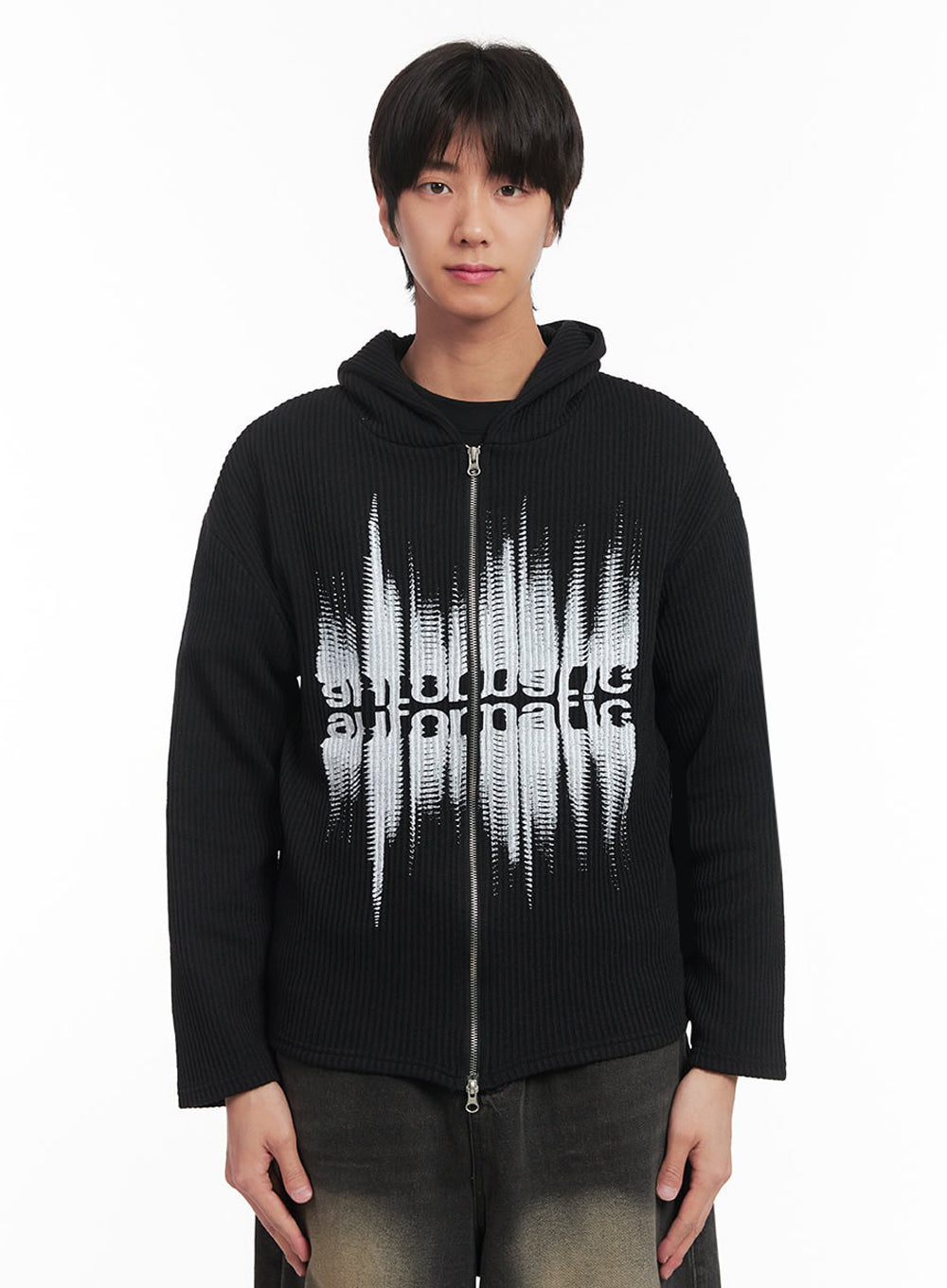 Men's Ribbed Knit Graphic Hooded Jacket IA511