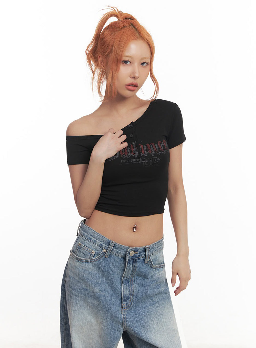 Graphic One-Shoulder Crop Top IA517