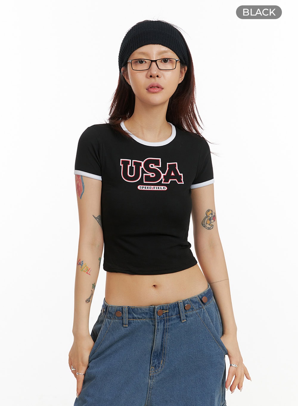 Contrast Graphic Crop Top IY410