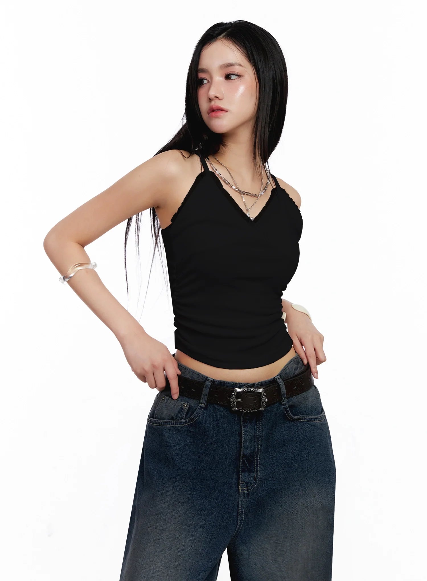 Sleeveless Ruched Lace Cami IS525