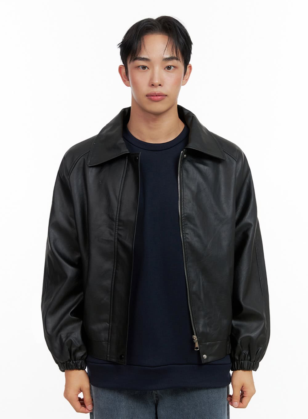 Men's Collared Faux-Leather Jacket IN426