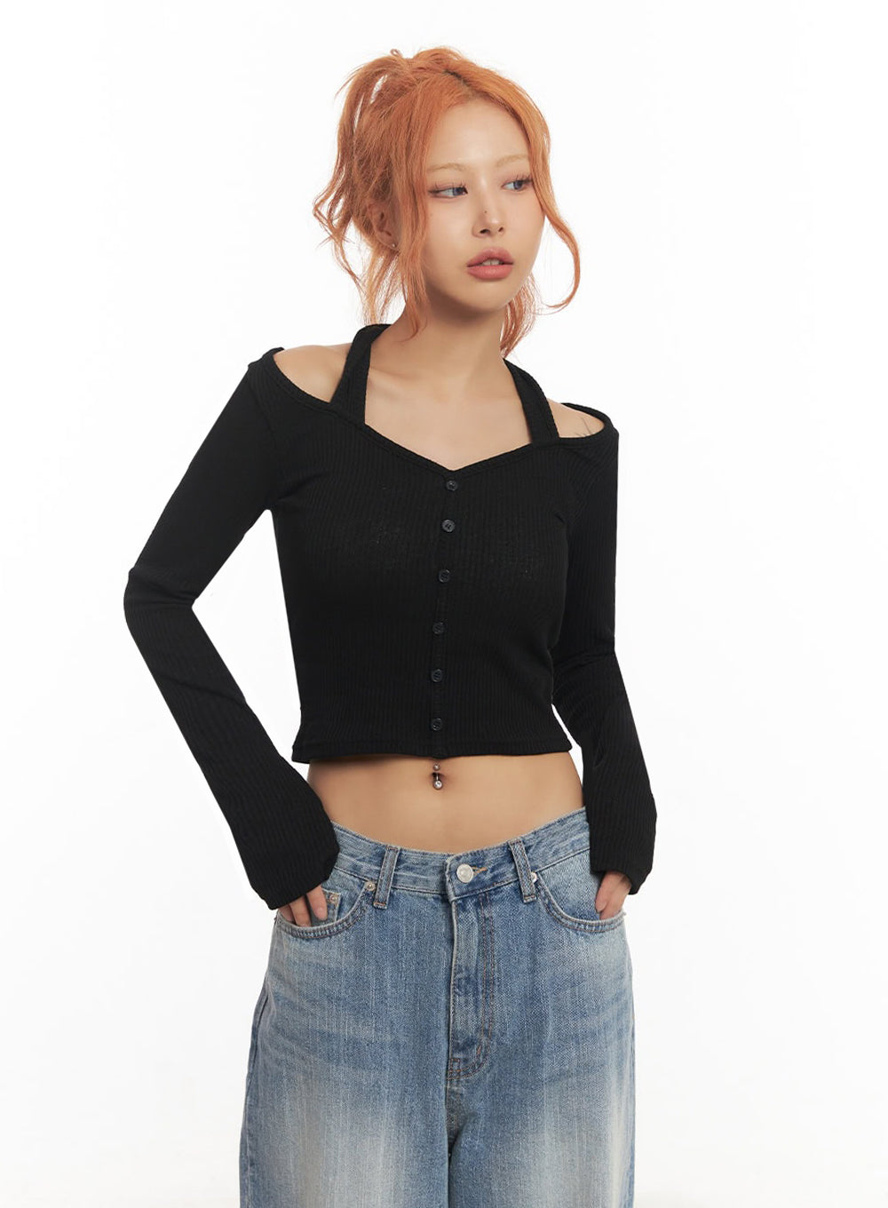 Halter Buttoned Long Sleeve Top IA515