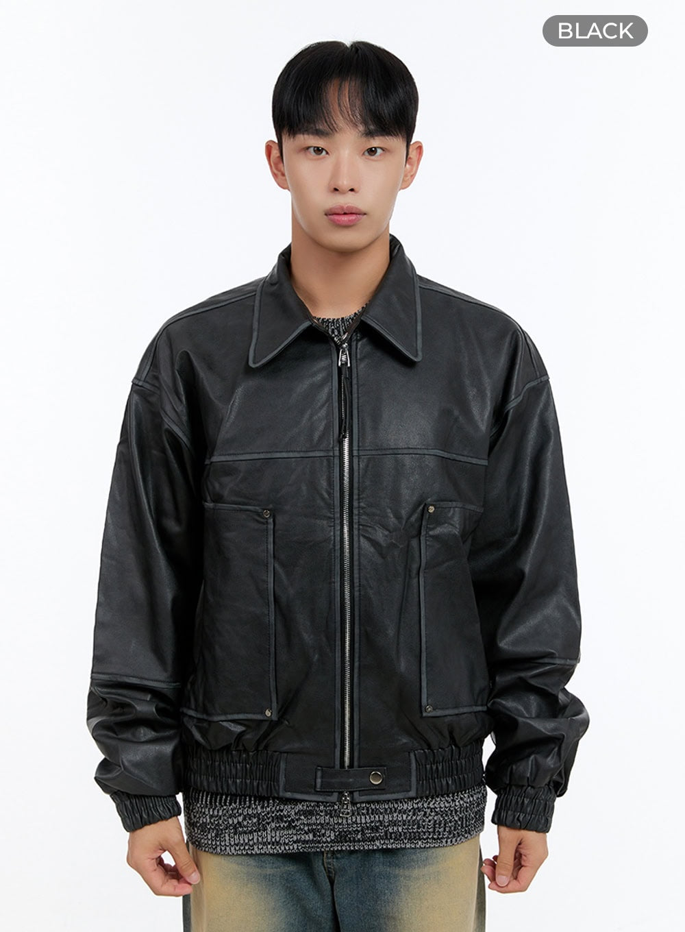 Men's Washed Vintage Zip-Up Leather Jacket IS413