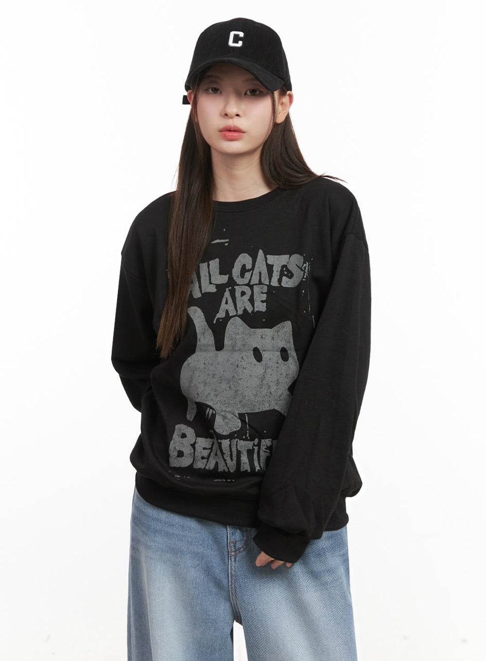 Oversized Cat Graphic Crew Neck IJ527