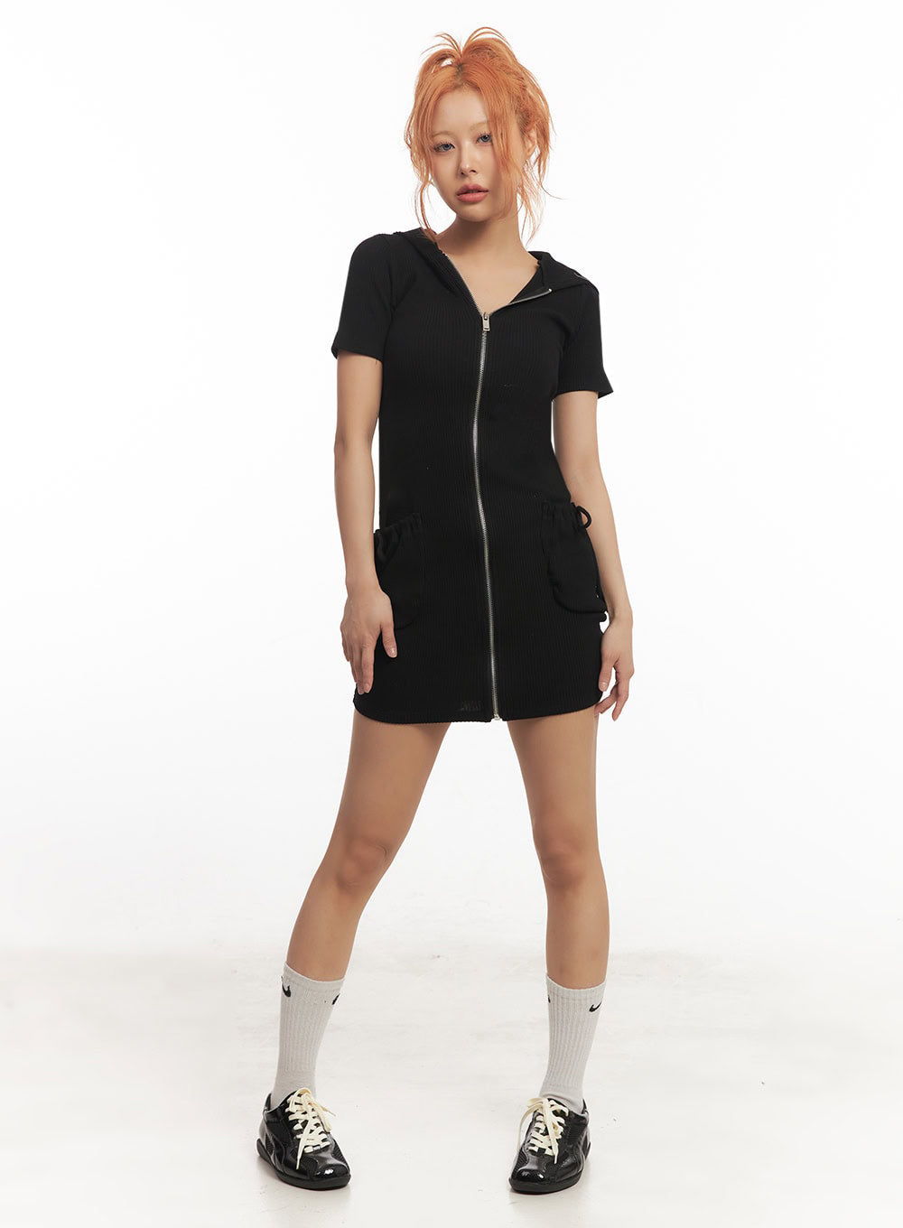 Ribbed Zip-Up Hooded Mini Dress IA517