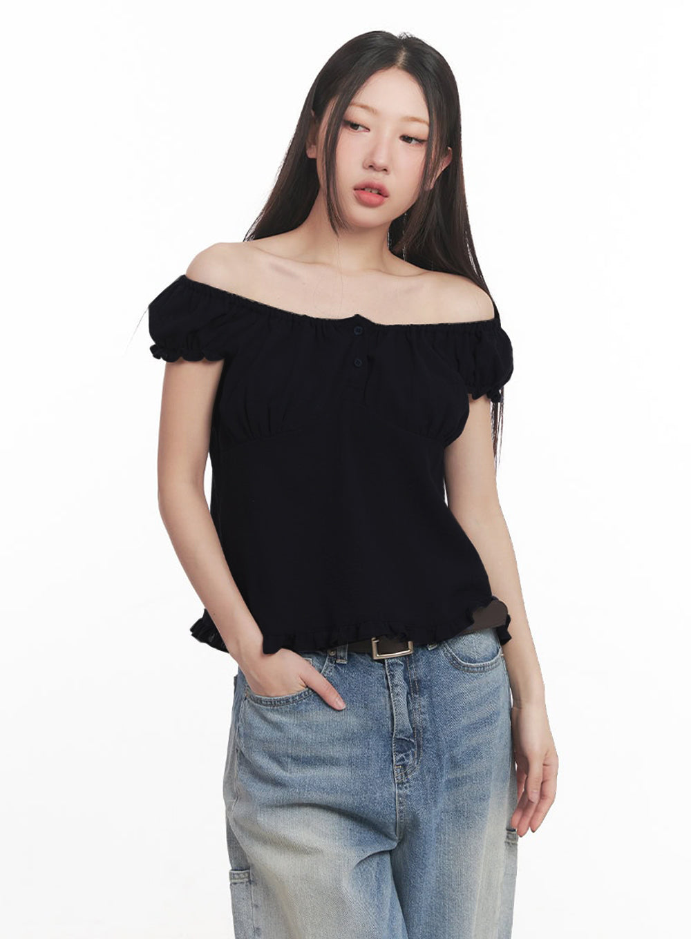 Frill Buttoned Off-Shoulder Blouse Top IM528