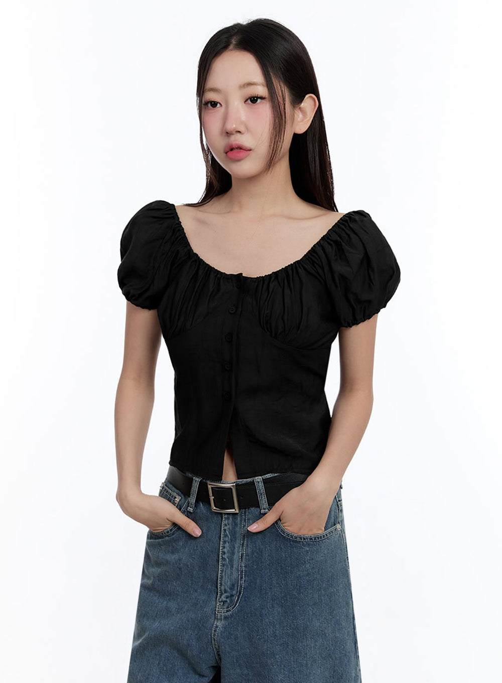 Off-Shoulder Puff-Sleeve Crop Top IU509