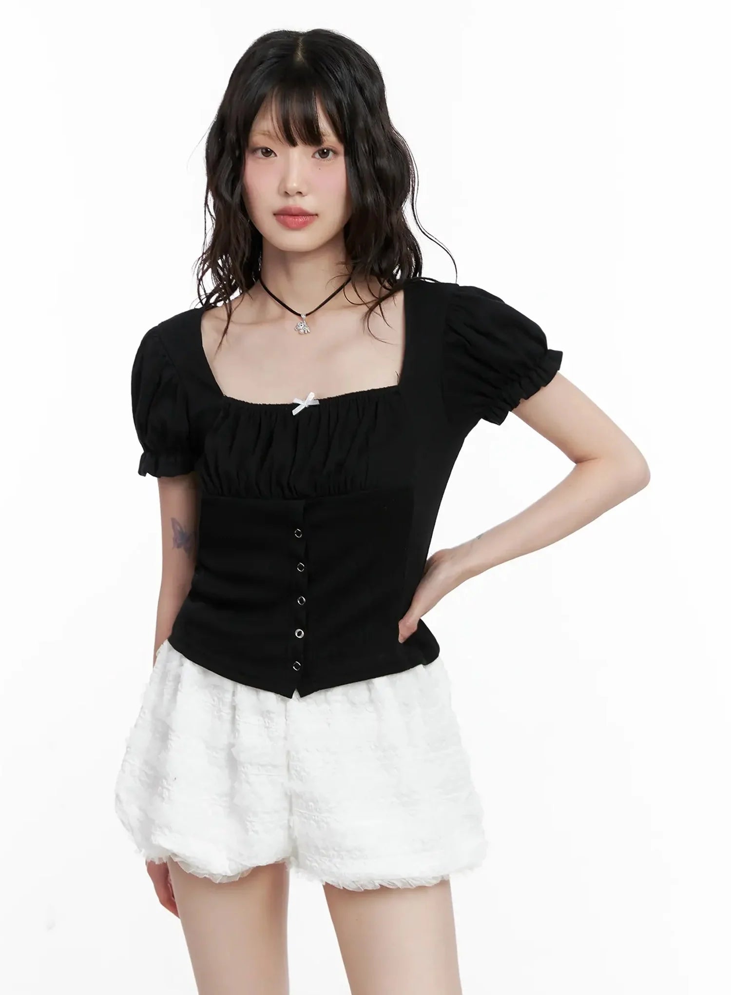 Ribbon-Detail Puff-Sleeve Top IL528