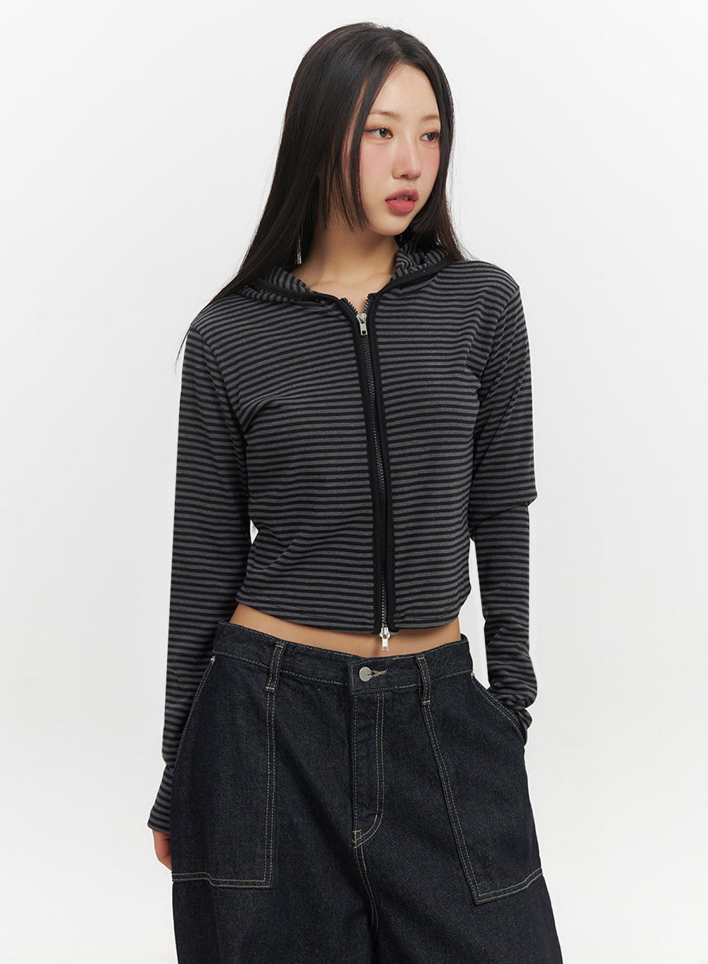 Striped Zip-Up Hooded Crop Jacket IF510