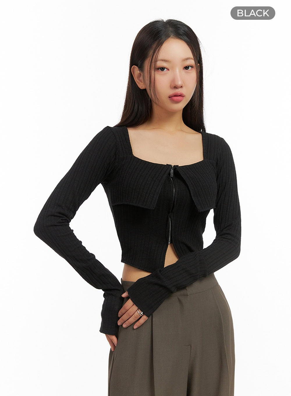 Slit Zip-Up Square Neck Crop Top IS402
