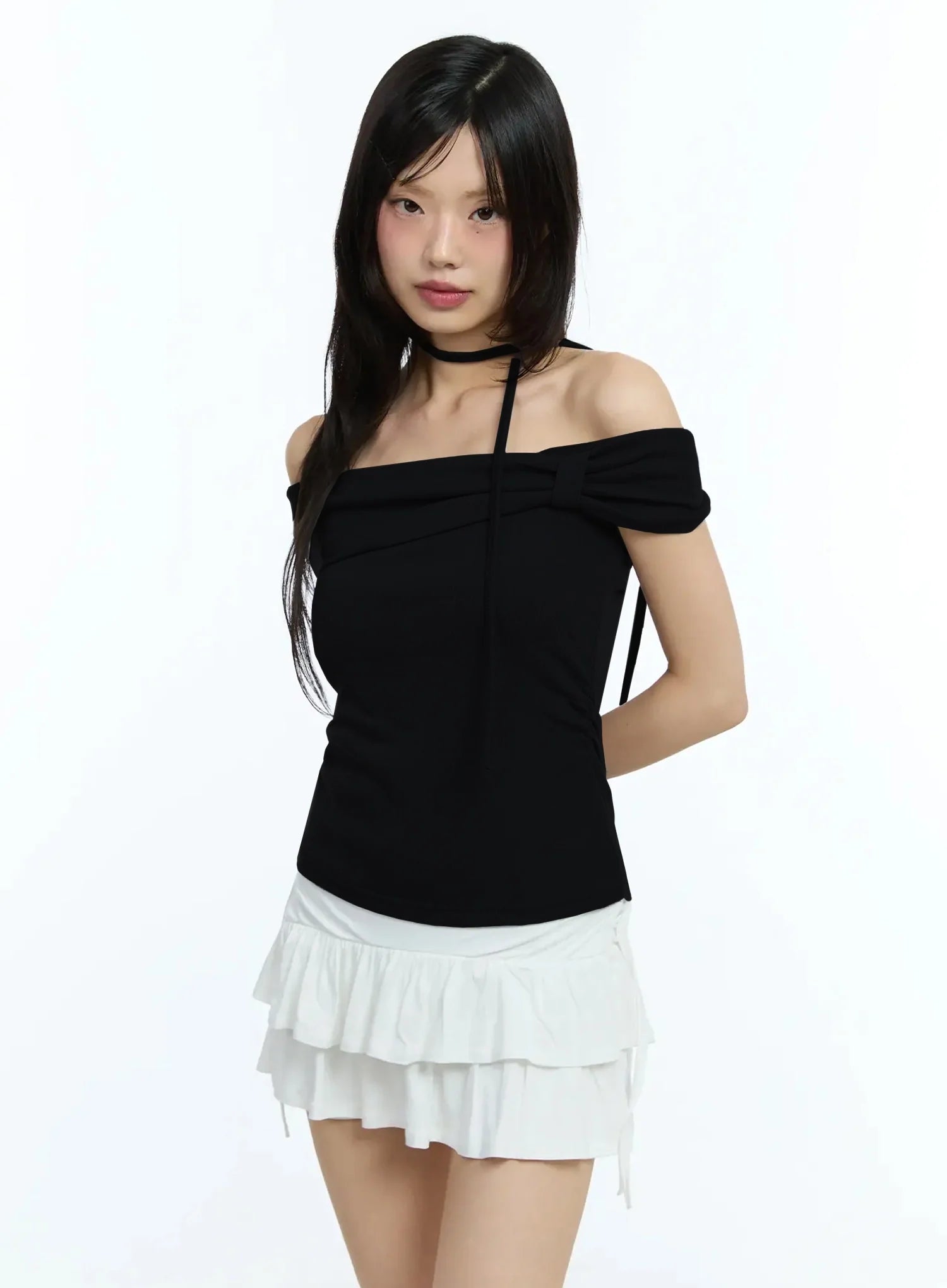 Ribbon Off-Shoulder Tee with Scarf Set IU524