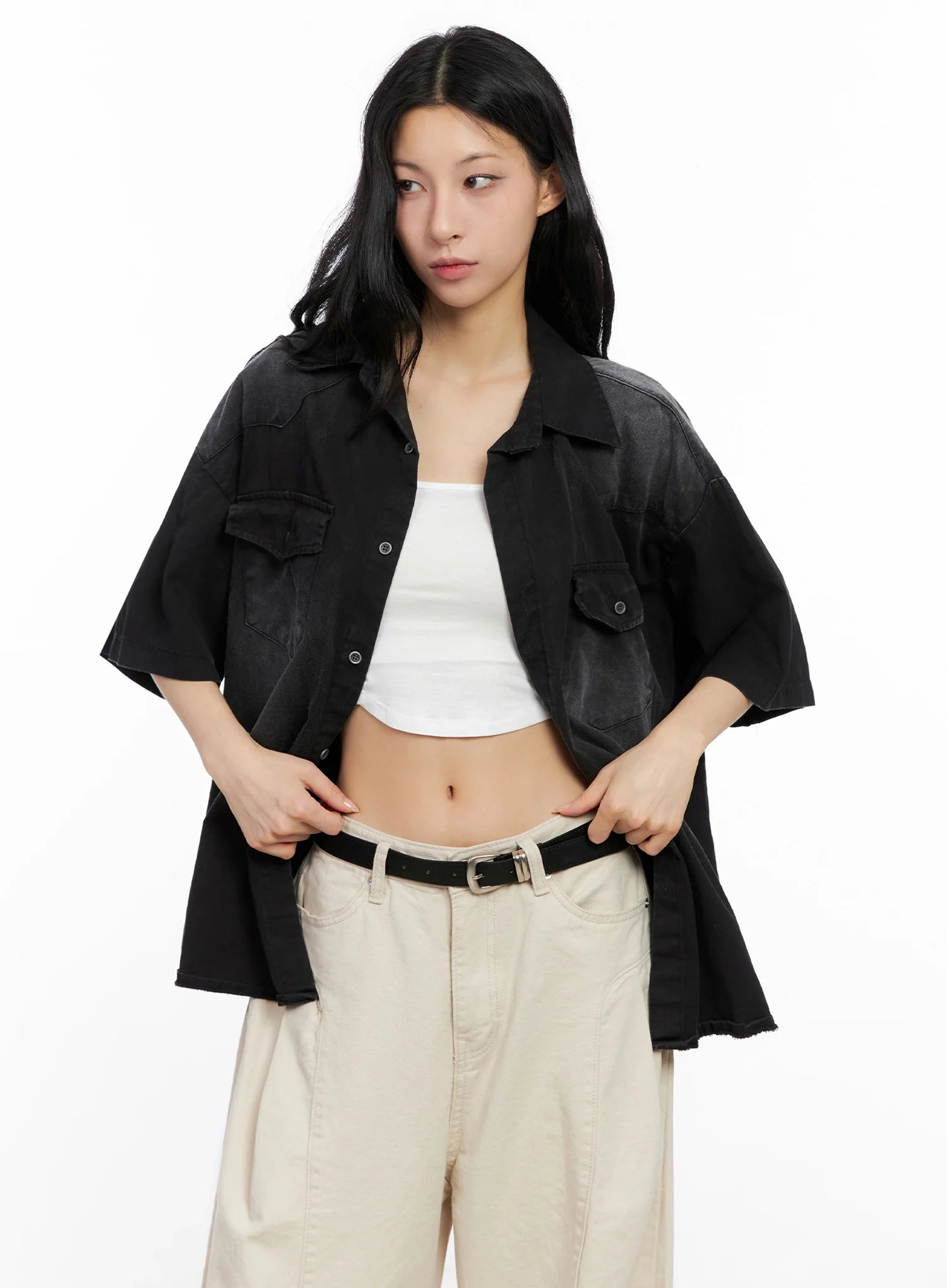 Washed Short-Sleeve Button-Up Shirt IG508