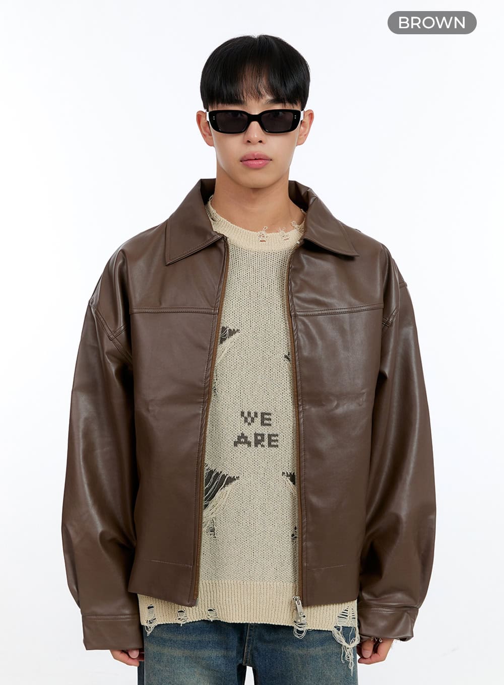 Men's Faux Leather Zip-Up Collar Jacket IG421