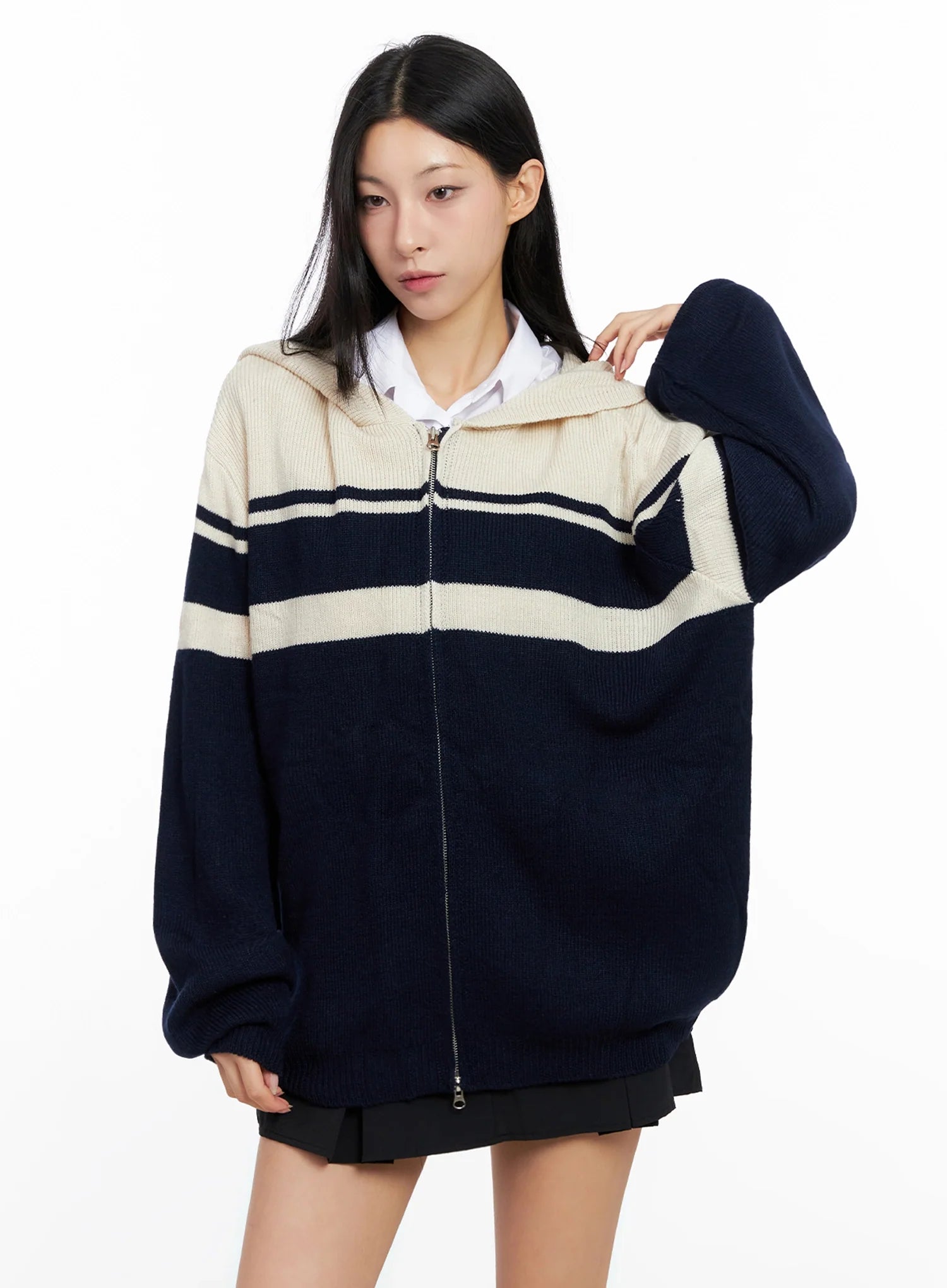 Striped Oversized Zip-Up Knit Hoodie IG508