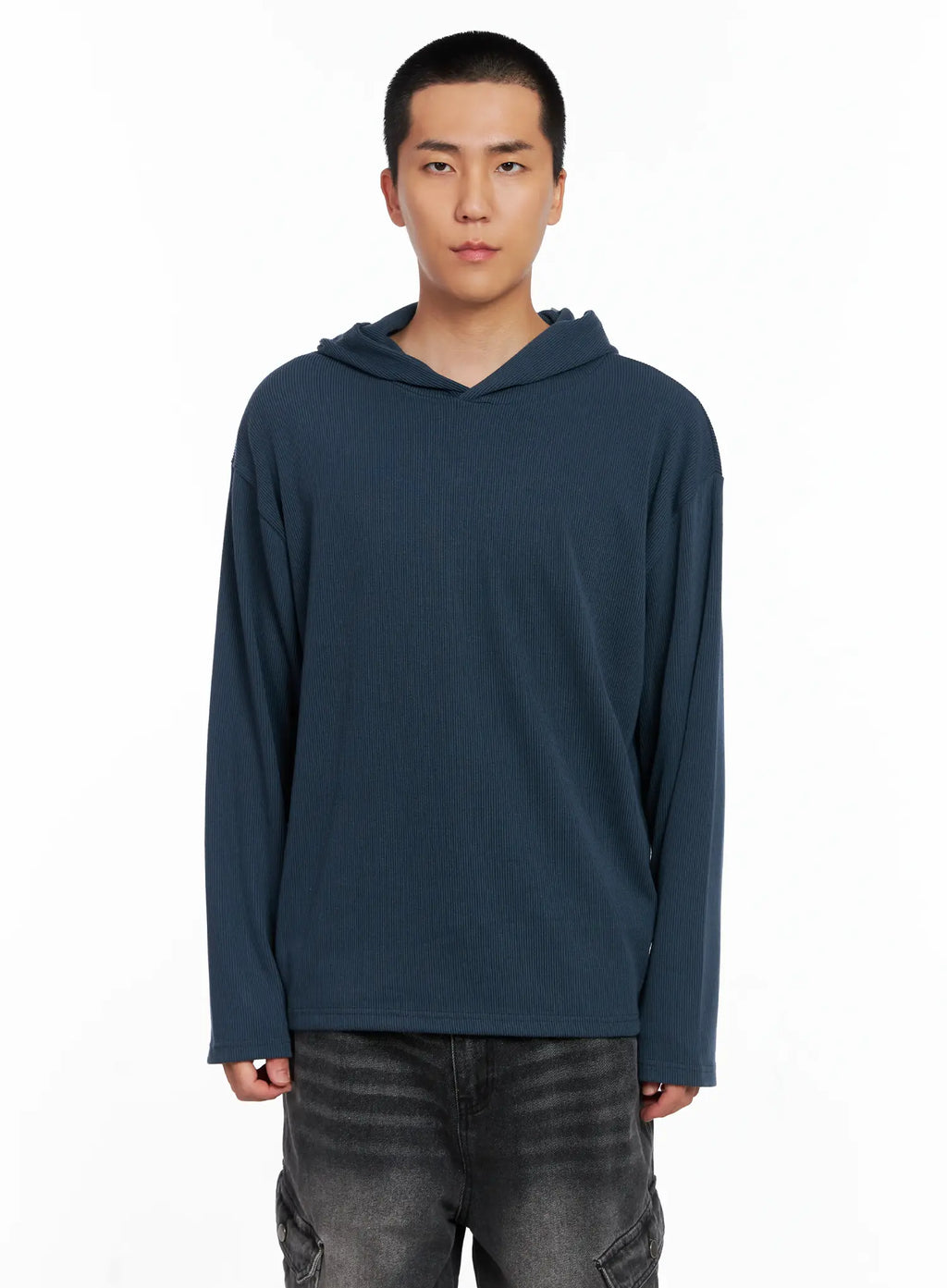 Men's Ribbed Layered Hooded Long Sleeve Tee IS509