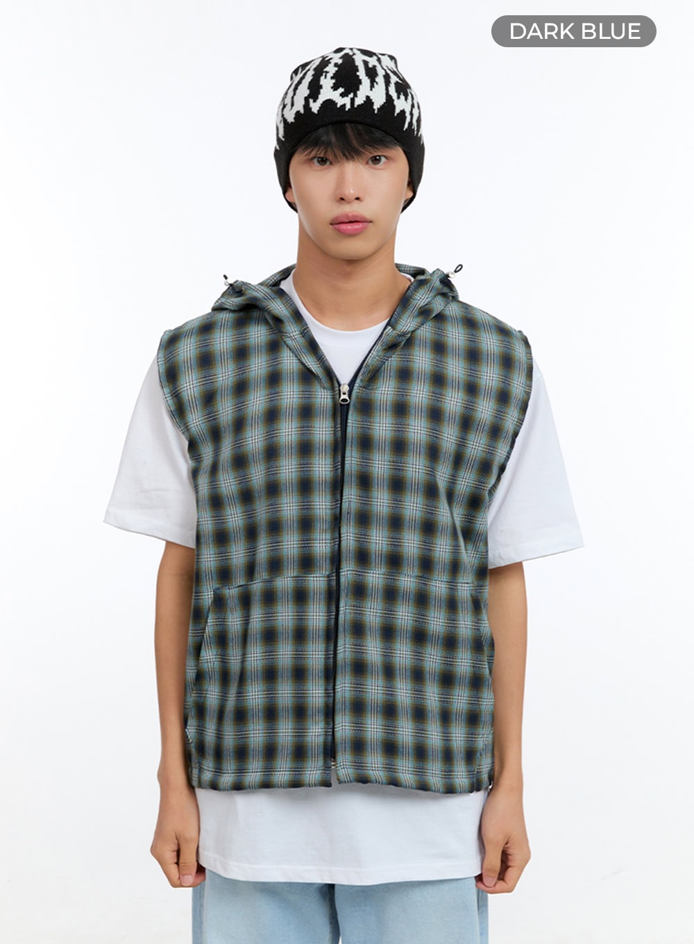 Men's Checkered Zip-Up Hooded Vest IG416
